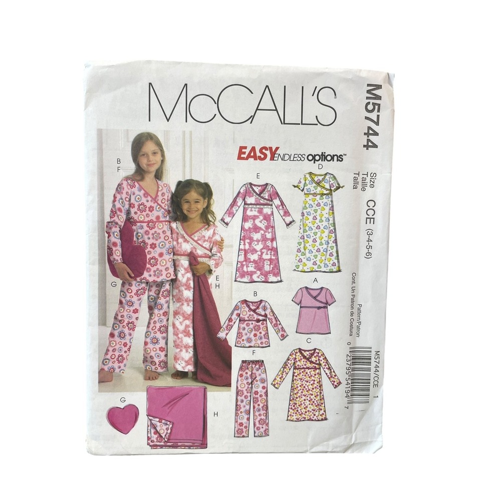 McCall's M5744 Sewing Pattern Girls Size 3-6 Pink Pajamas Gowns Easy Uncut